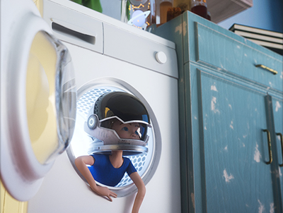 创意角色IP太空男孩C4D工程-卡通洗衣机小男孩OC渲染