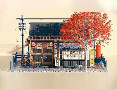 C4D日式风格简单门店场景 OC源文件工程