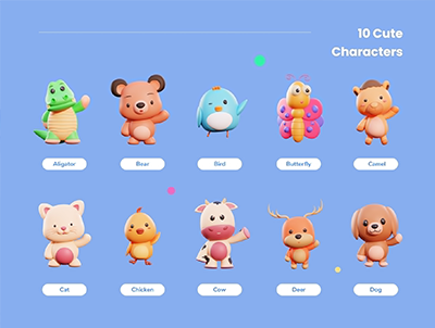 十个可爱的卡通3D动物角色 Animalls – 3D Cute Illustration Pack