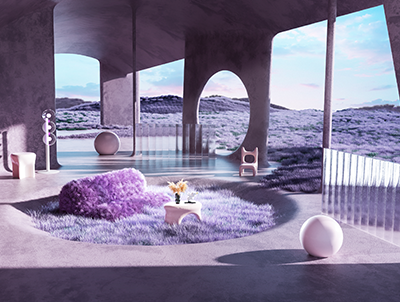 未来写实风格紫色科技概念建筑效果 C4D室内工程OC渲染