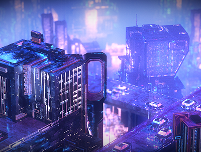 赛博朋克风城市建筑C4D场景工程源文件 含OC材质贴图