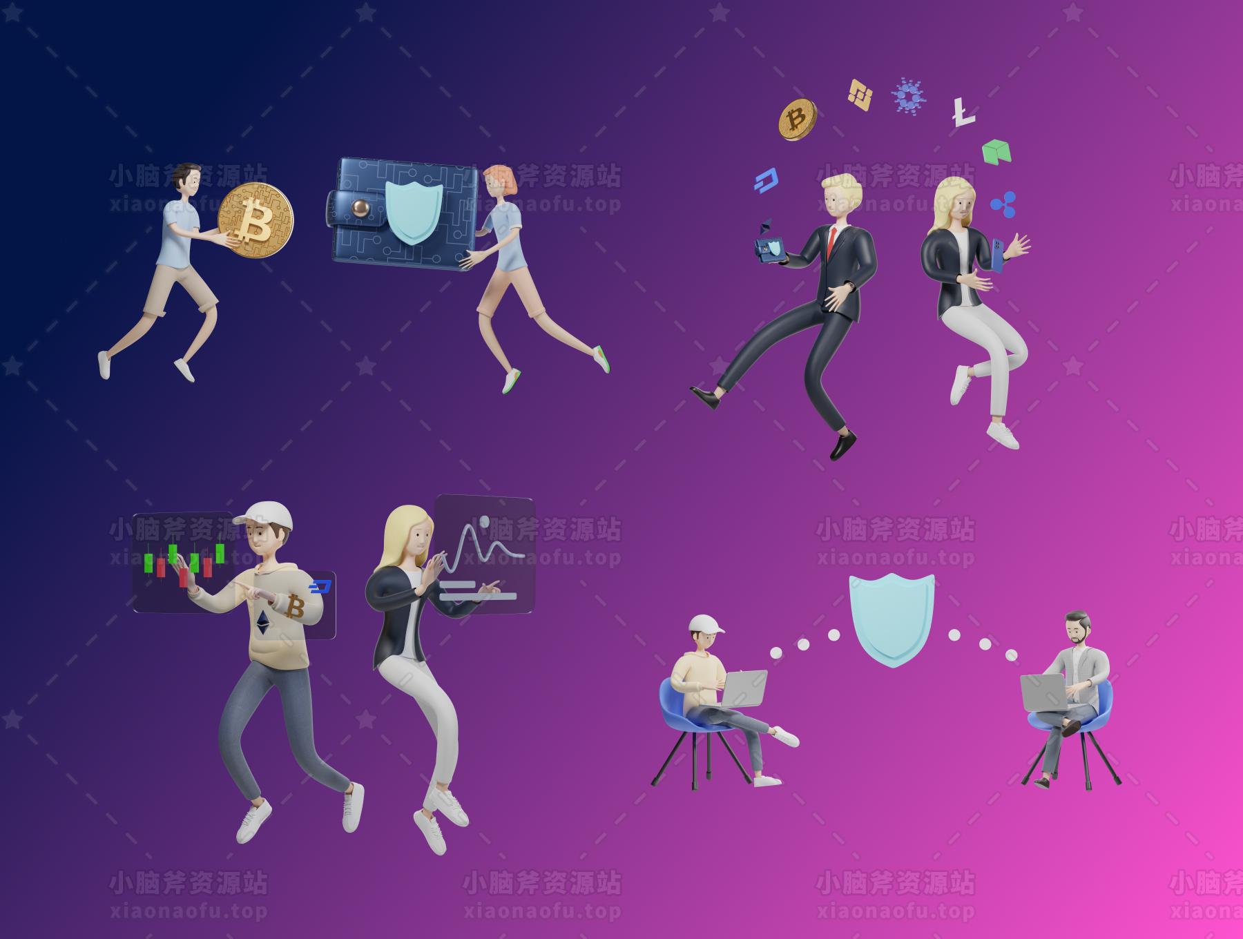 3D 字符包加密插图和 3D 元素对象(3D Character Pack Crypto Illustration & 3D Elements object)