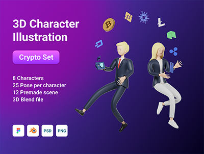 3D 字符包加密插图和 3D 元素对象(3D Character Pack Crypto Illustration & 3D Elements object)