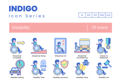 70 Disability Icons | Indigo Series – 70 个残疾图标 |靛蓝系列