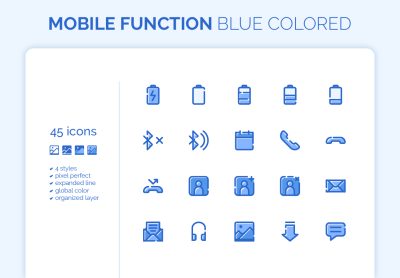 180 Mobile Functions Icons Blue Colored – 180 移动功能图标蓝色