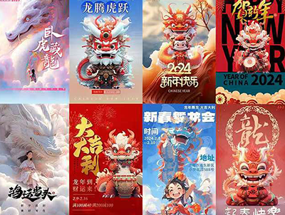 [小脑斧群资源]35款创意手绘卡通2024龙年新年春节贺海报